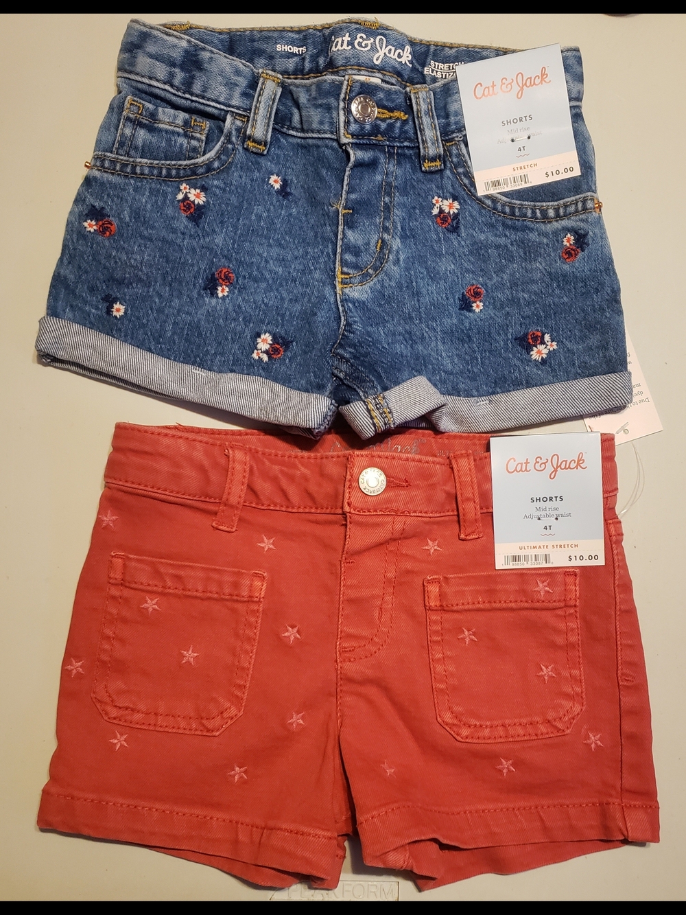 Cat & Jack Denim Blue Floral Embroidered Shorts + Red Star Pocket Shorts